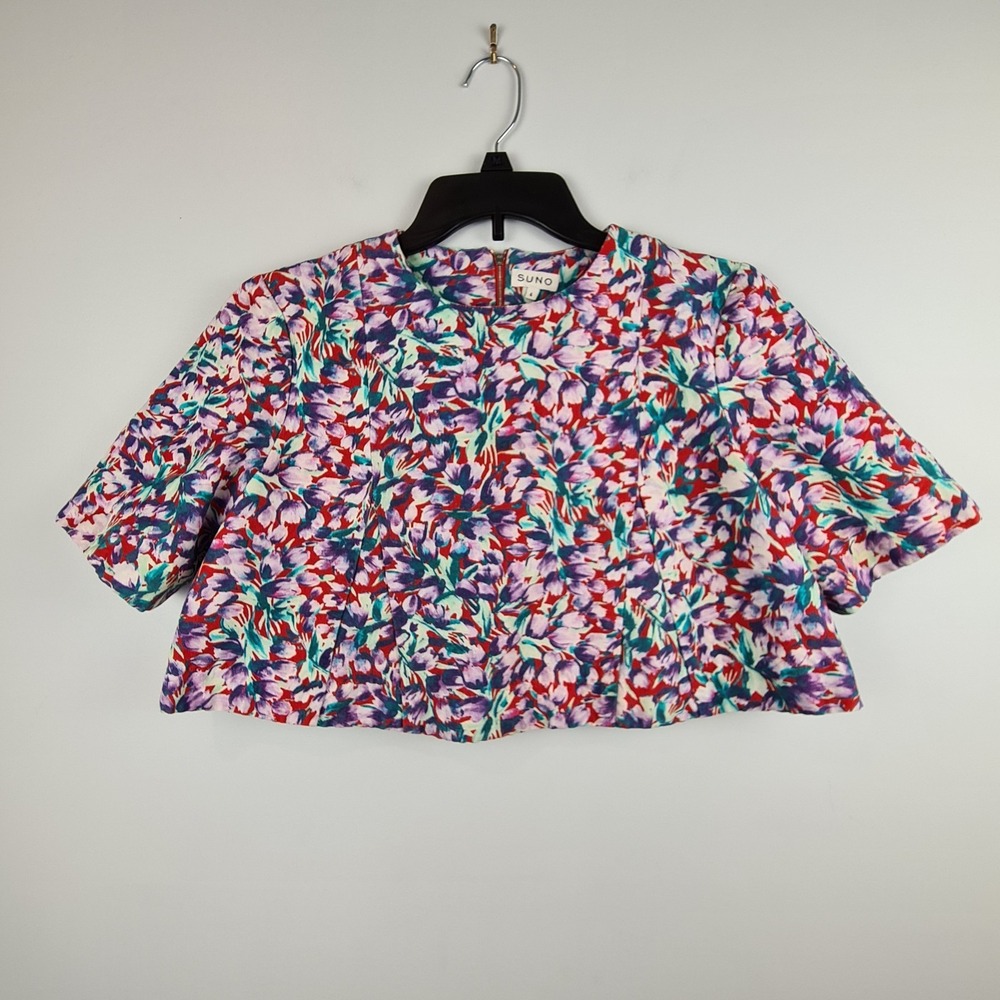 Suno Women's Size 4 Printed Floral Cotton Viscose Crop Top Popover Zipper Detail